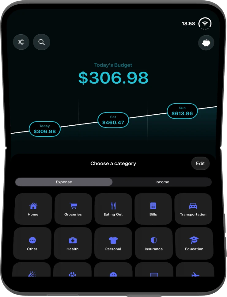 iPhone Duo, half open and standing on a table: today’s budget on the top half, the categories for logging on the bottom half.
