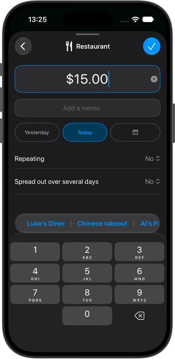 Adding a $15.00 restaurant expense for today.