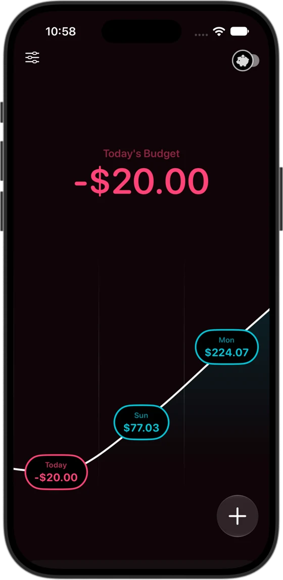 The same in dark mode: −$20.00 for today, in red.