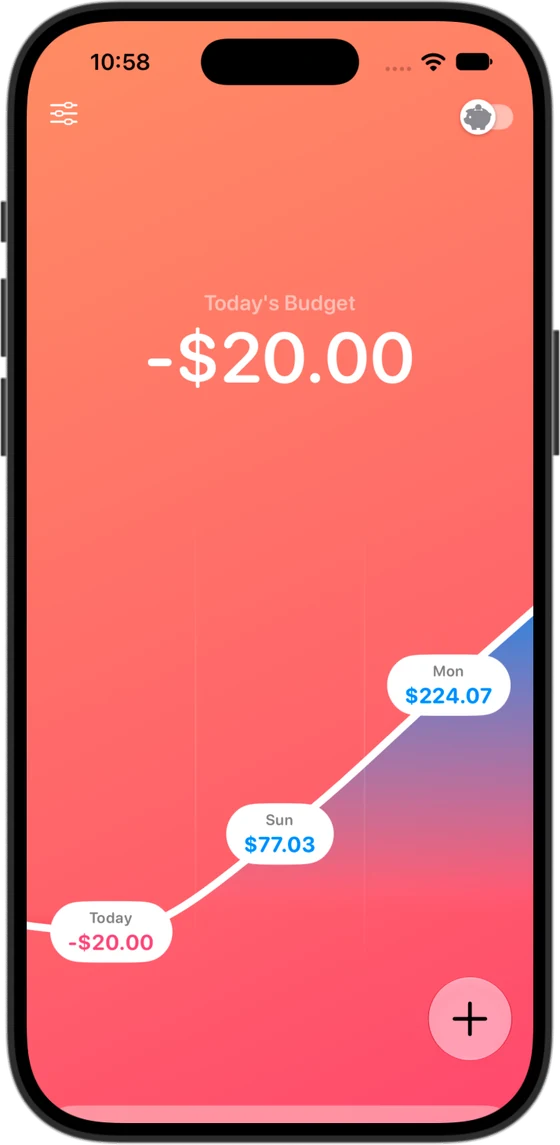 Home screen over budget: −$20.00 for today, on a red screen.