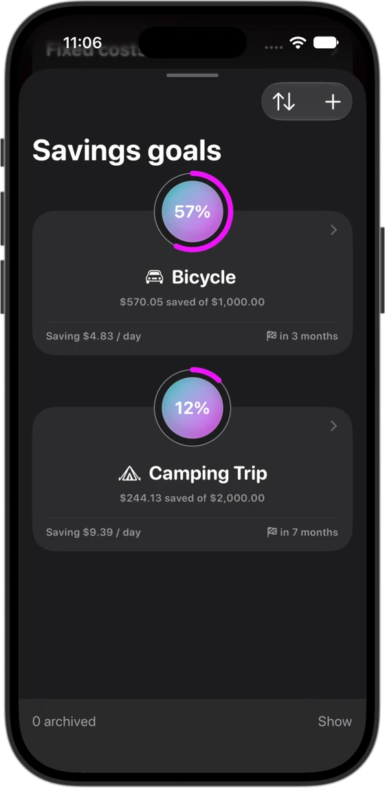 Savings goals: two goals, 57% and 12% of the way there.