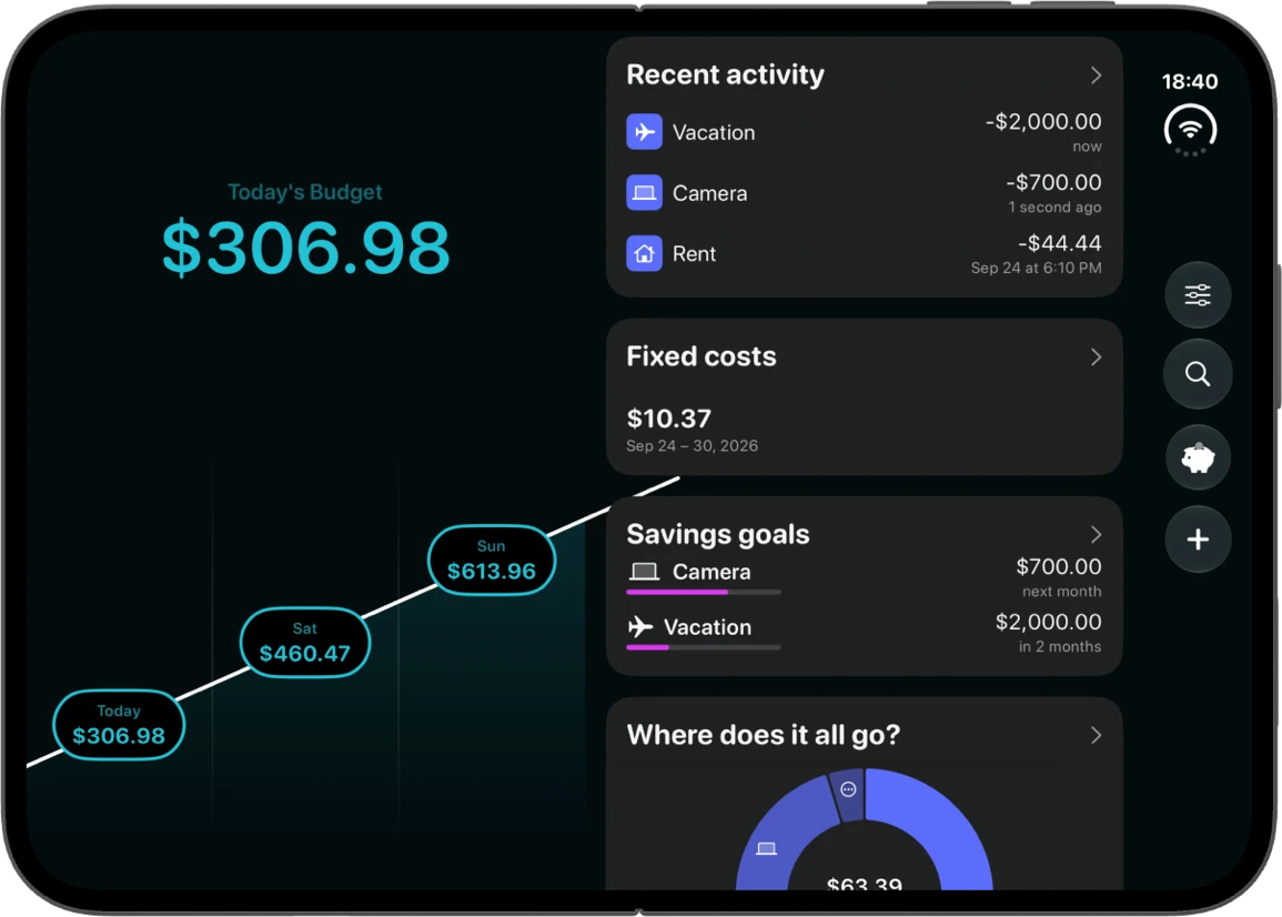 iPhone Duo, unfolded: today’s budget on the left; recent activity, fixed costs and savings goals on the right.